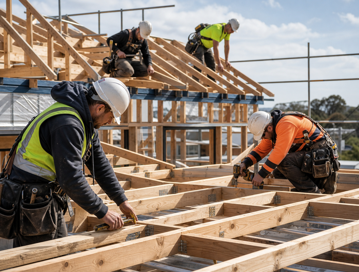 Professional Australian construction team on a residential build site