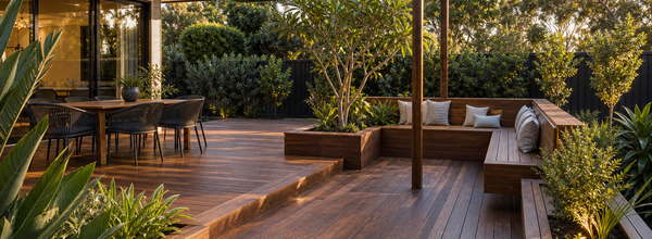 Large luxury hardwood timber deck with built-in seating